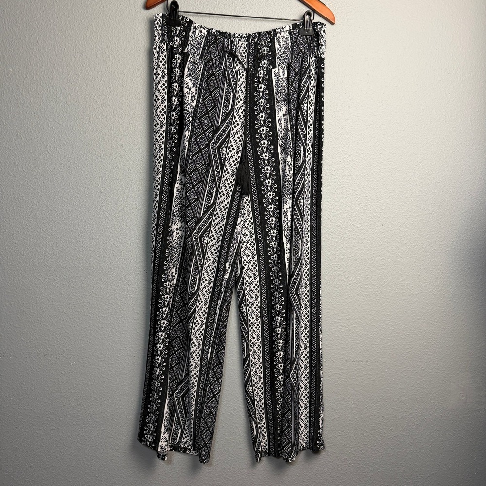 West Loop Women's XL Black White Geometric Print Palazzo Flowy Pants Boho Tassel